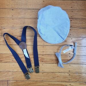 Janie and Jack Blue Suspenders Oxford Bowtie and Newsboy Cap Set Boys 2T-3